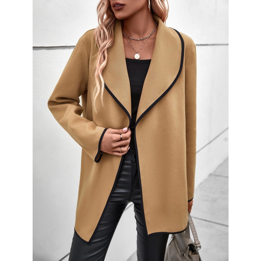 Contrast Binding Shawl Collar Open Front Overcoat pea coat tan camel - Picture 6 of 6